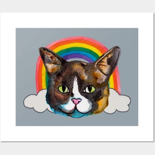 Cute cat in rainbow with clouds Posters and Art